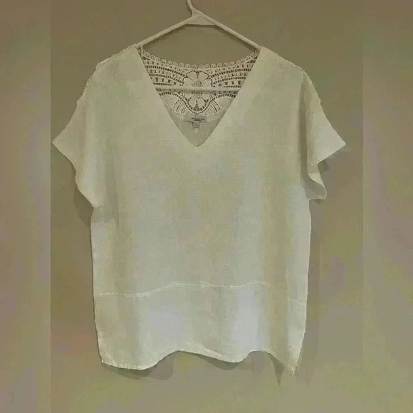 Vanessa Zani White Linen Lacy V-Neck Top Size S Made in Italy - Picture 1 of 10